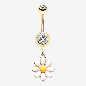 Golden Spring Daisy Sparkle Belly Button Ring-Clear Gem